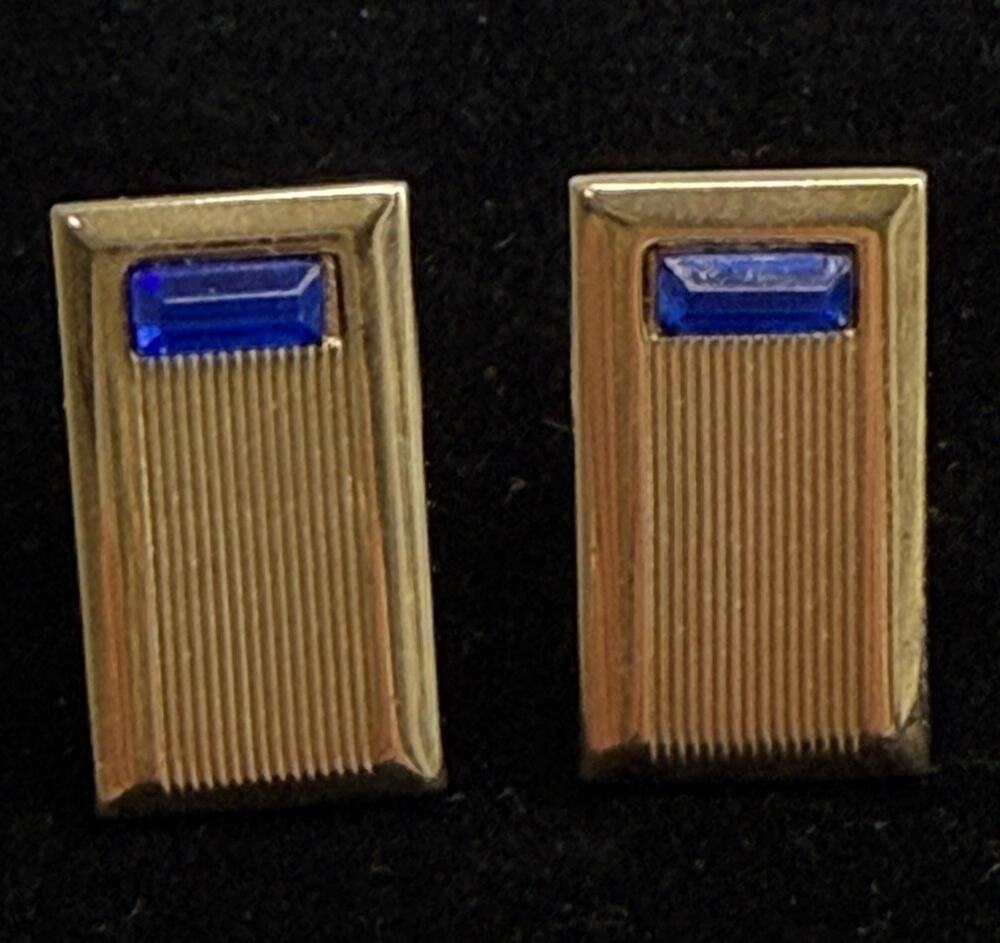 Art Deco Style Cufflinks Marked Anson Rectangle Gold Tone W/ Cobalt Blue 1960's